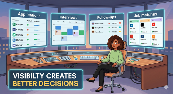 Illustration of a job seeker monitoring applications, interviews, follow-ups, and job matches from a central dashboard, representing visibility throughout a job search.