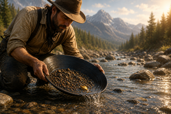 Prospector panning for gold in a mountain stream, carefully separating one gold nugget from ordinary stones, symbolizing choosing quality over quantity in a job search.