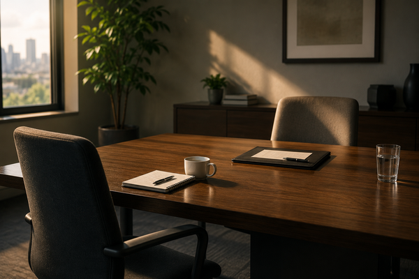 Sunlit meeting room with one occupied chair and one empty chair across a conference table, symbolizing the uncertainty and waiting that often follow a job interview.