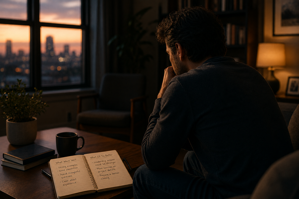 Person sitting thoughtfully after an interview, reviewing notes in a notebook at sunset, symbolizing reflection, self-evaluation, and continuous improvement through interview practice.