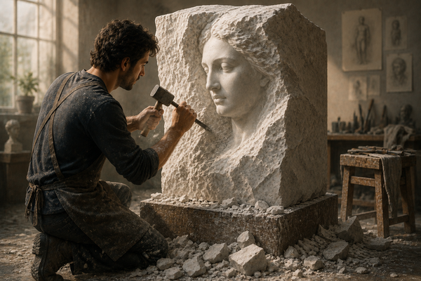 Sculptor carefully chiseling a marble statue from a rough stone block, symbolizing how consistent, incremental improvements lead to meaningful long-term success.