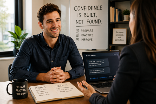 Job candidate confidently engaged in a professional interview, illustrating how preparation and practice build confidence through experience rather than relying on natural talent.