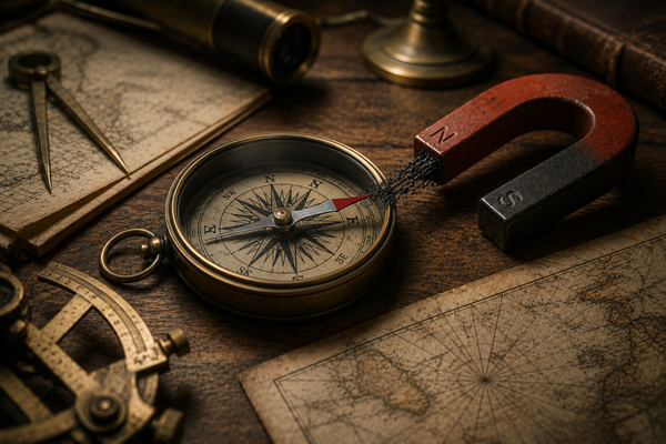 Antique compass beside a magnet pulling its needle away from north, symbolizing how outside pressures can quietly change the direction of a job search.