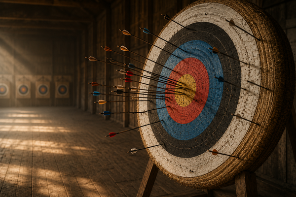 Archery target filled with arrows, showing a tighter cluster near the center over time, symbolizing learning, continuous improvement, and refining your job search with every application.