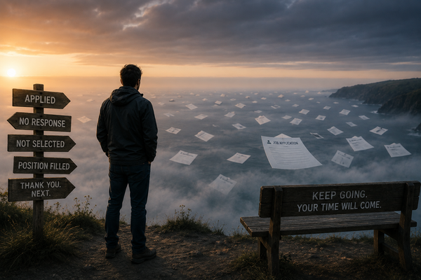 Job seeker overlooking a foggy landscape filled with drifting job applications, symbolizing the uncertainty and silence that often follow submitting applications.
