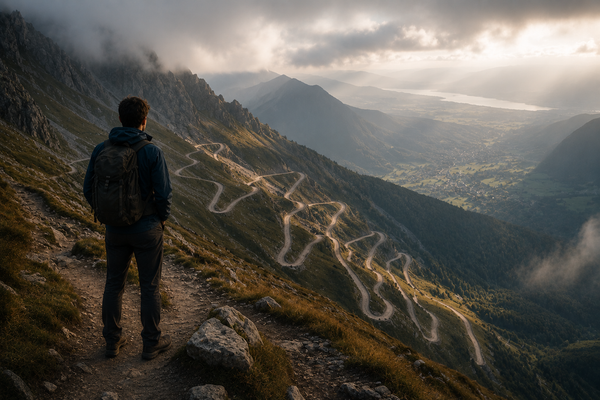 Lone hiker overlooking winding mountain switchbacks from high above, symbolizing that meaningful progress often isn't visible until you step back and see the bigger picture.