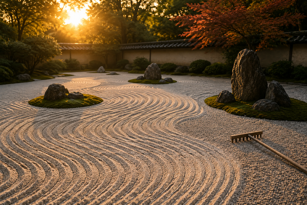 Peaceful Japanese Zen garden with carefully raked gravel and an unfinished section beside a resting rake, symbolizing steady improvement through continuous refinement and practice.