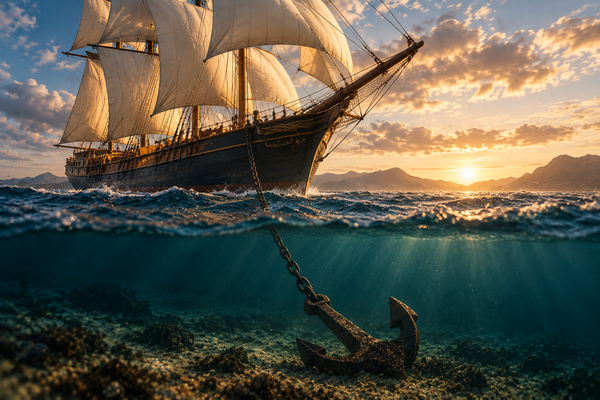 Sailing ship with full sails held in place by an anchor beneath the water, symbolizing the difference between being busy and making meaningful progress in a job search.