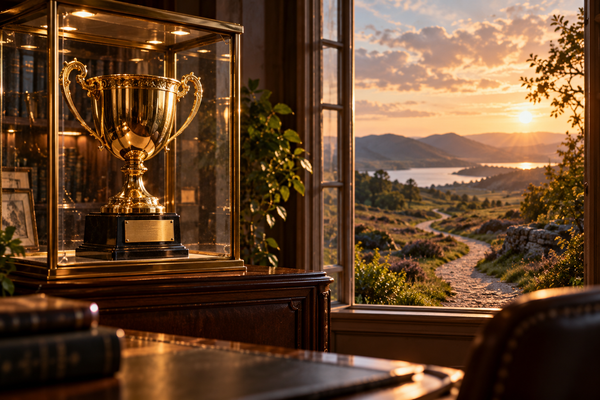 Golden trophy displayed in a glass cabinet beside a window overlooking a winding path, symbolizing the difference between winning a job offer and choosing the right career direction.