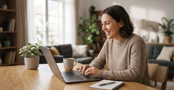 Smiling woman working on a laptop at home with a notebook beside her, illustrating how organized job tracking helps candidates manage applications and interviews.