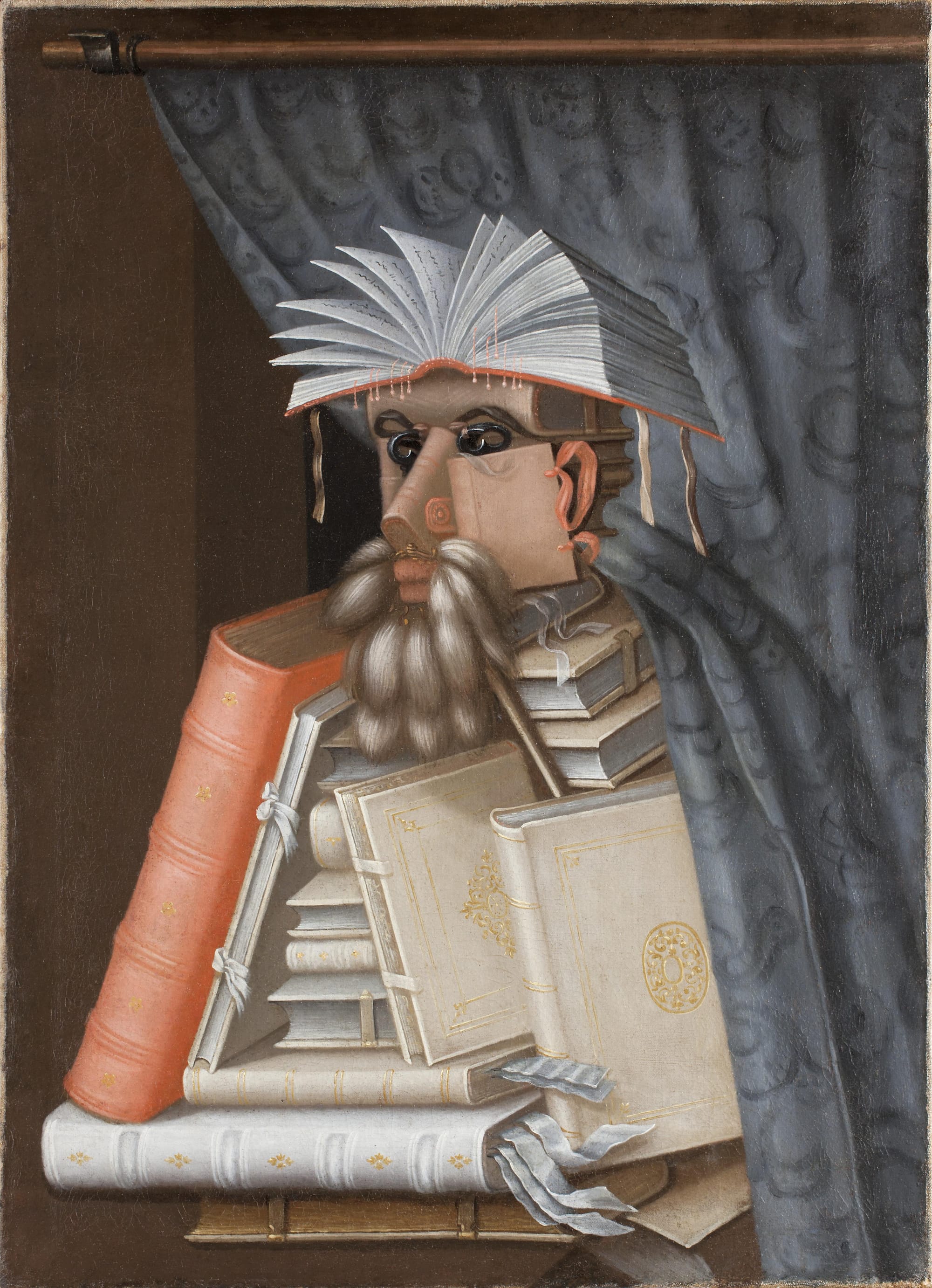 A surreal portrait composed entirely of books and scrolls. A man’s face and body are constructed from stacked volumes, symbolizing knowledge reduced to objects.