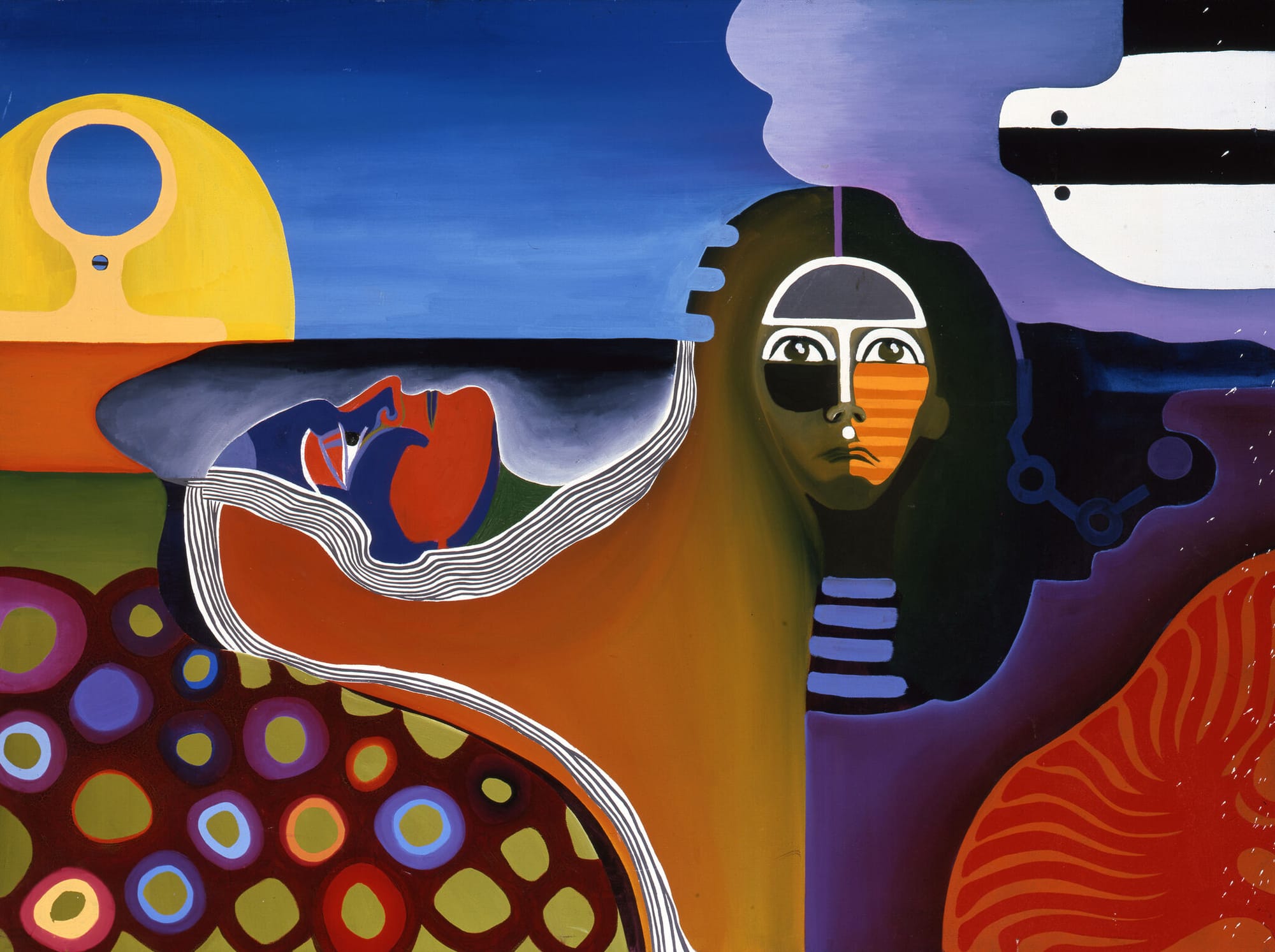 A collage-style painting of overlapping women's faces in shades of red, orange, and blue, blending into abstract patterns. The image evokes multiplicity and fragmentation of identity.