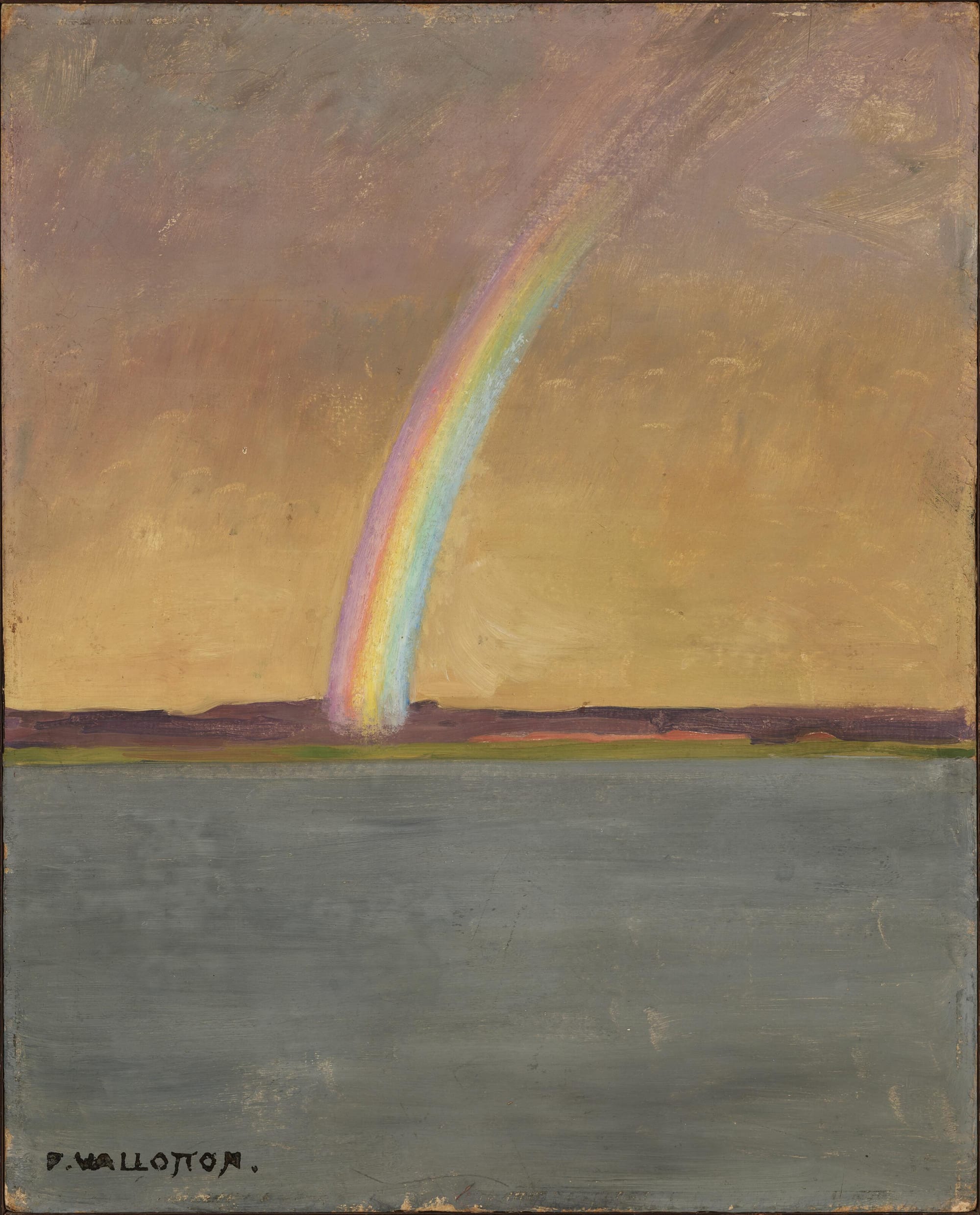 A symbolic landscape showing a vivid rainbow arching over a dark forest clearing. The composition suggests contrast between wonder and menace, natural beauty and unknown depth.
