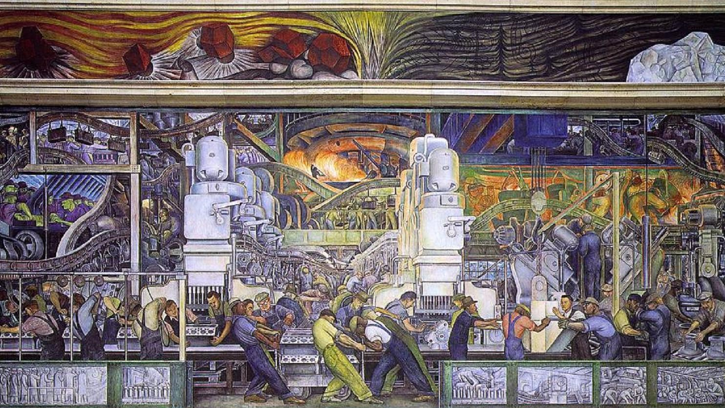 A large-scale fresco showing factory workers operating machines in a dense, mechanical assembly line. The composition emphasizes human labor entwined with industrial power.
