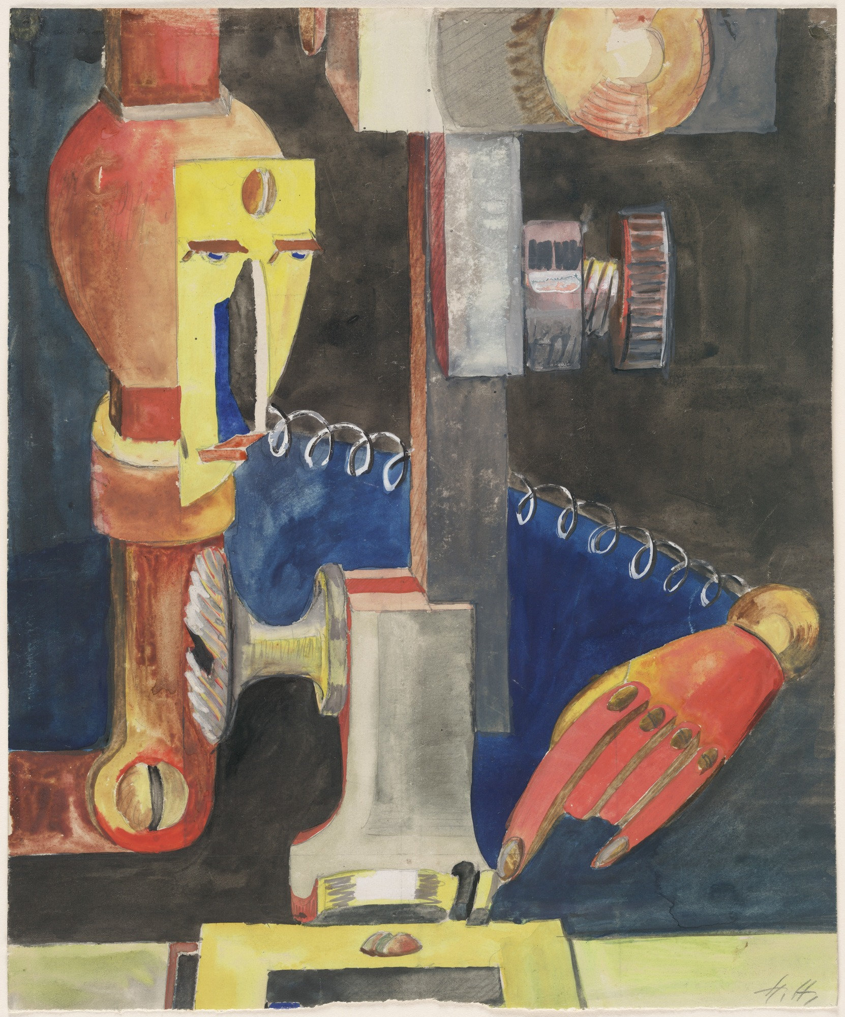 A watercolor combining mechanical elements with fragmented human forms. The piece critiques the entanglement of human identity with industrial machinery.