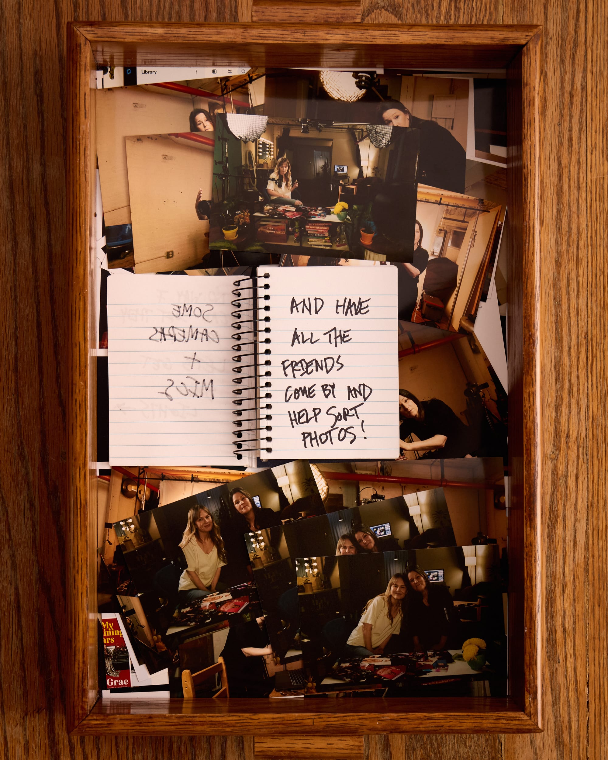  The notebook now says “And have all the friends come by and help sort photos!” In the tray of 4x6 photos, we see Rosebud Baker and Mindy Tucker in photos from Rosebud’s interview with Mindy. Rosebud is our first guest on the podcast!
