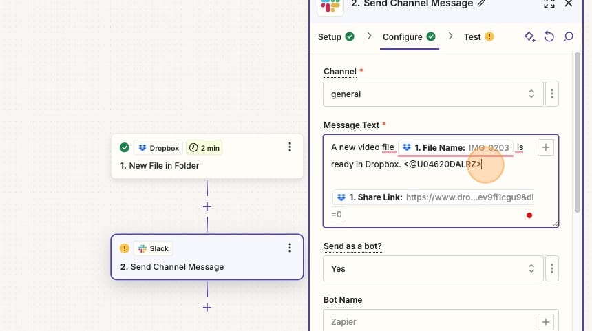 Screenshot of Slack Send Message configuration