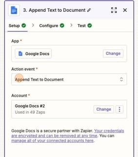 Append text to Document in Zapier