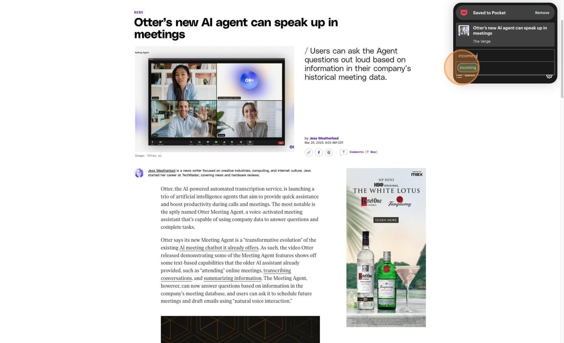 Screenshot of saving an article with Pocket