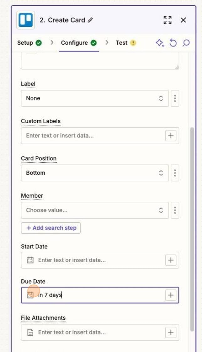 Screenshot of the Trello due date in Zapier