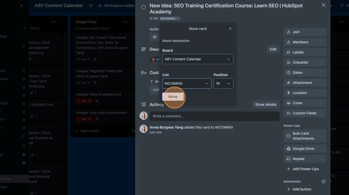 Screenshot of Moving a card in Trello