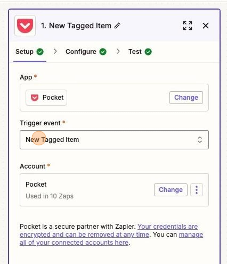 Trigger step of New Tagged item in Zapier.
