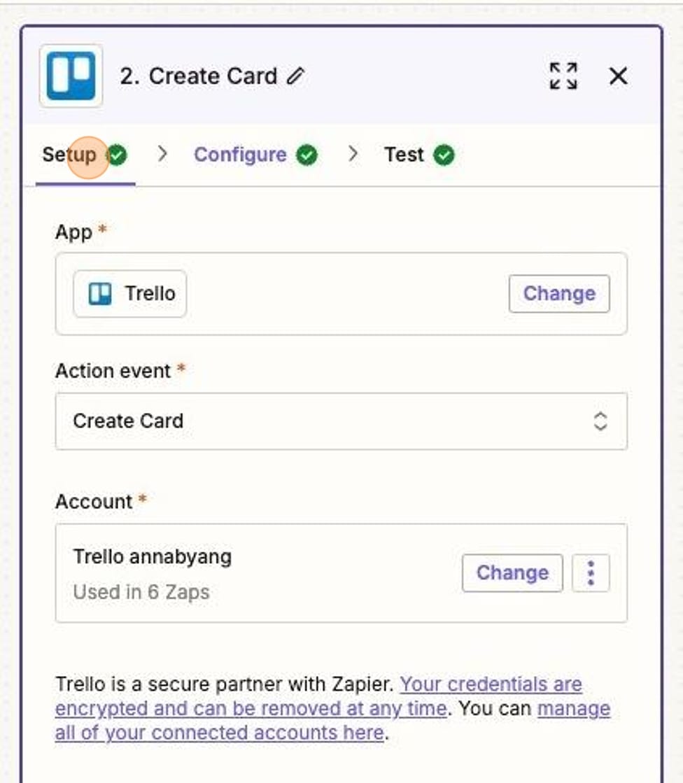 Screenshot of the Trello setup in Zapier