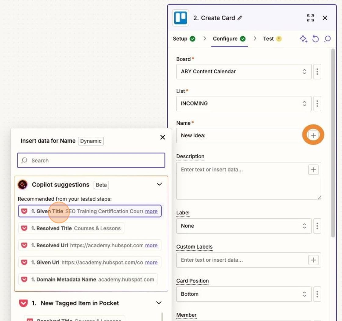 Create Card configuration in Zapier