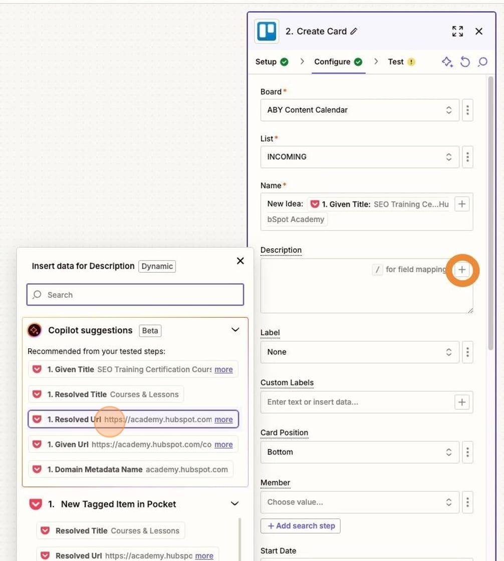Screenshot of the create card configuration in Zapier