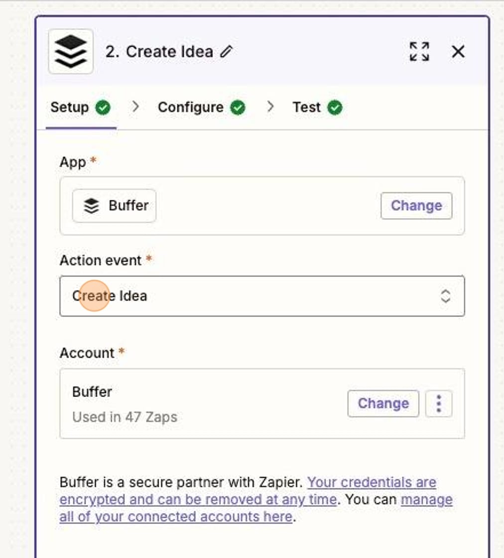 Screenshot of the Setup for Buffer in Zapier