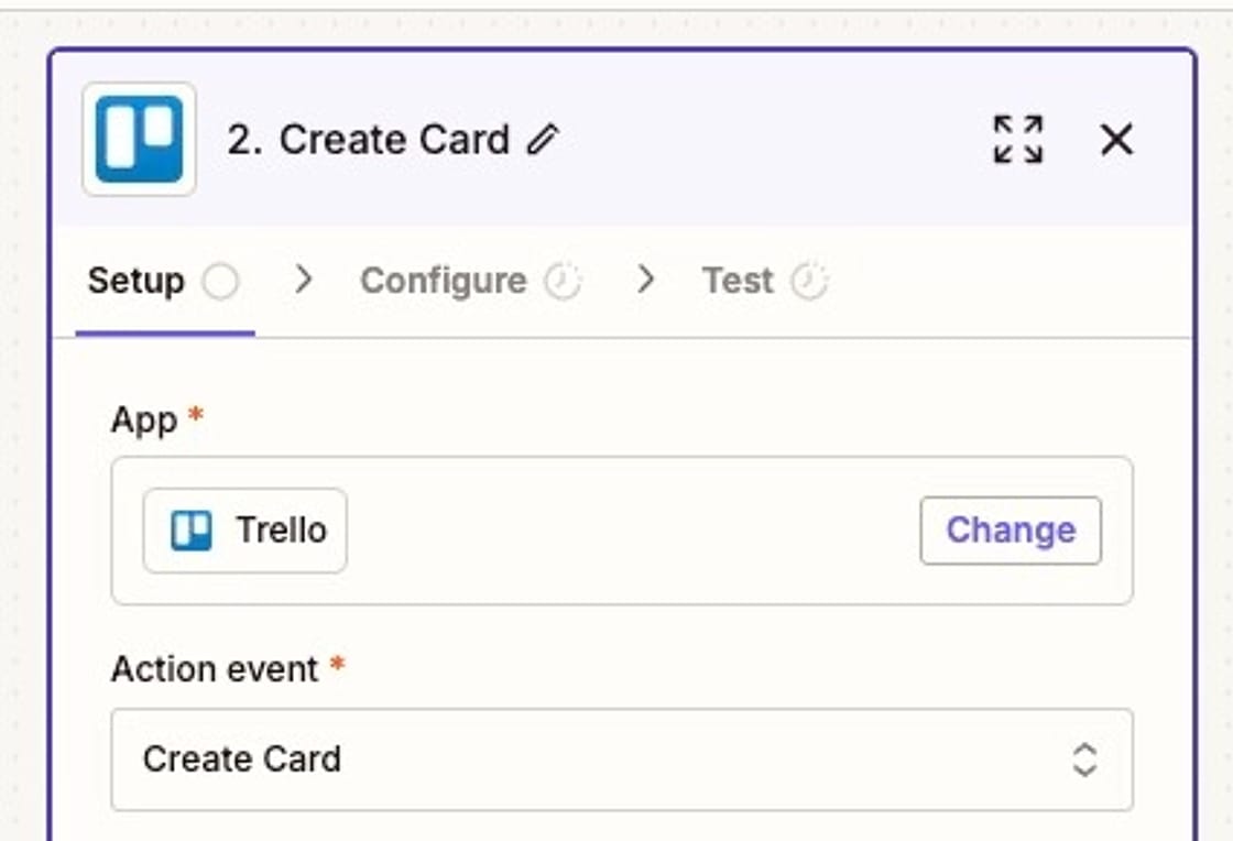 Zapier action step of Create Card in Trello