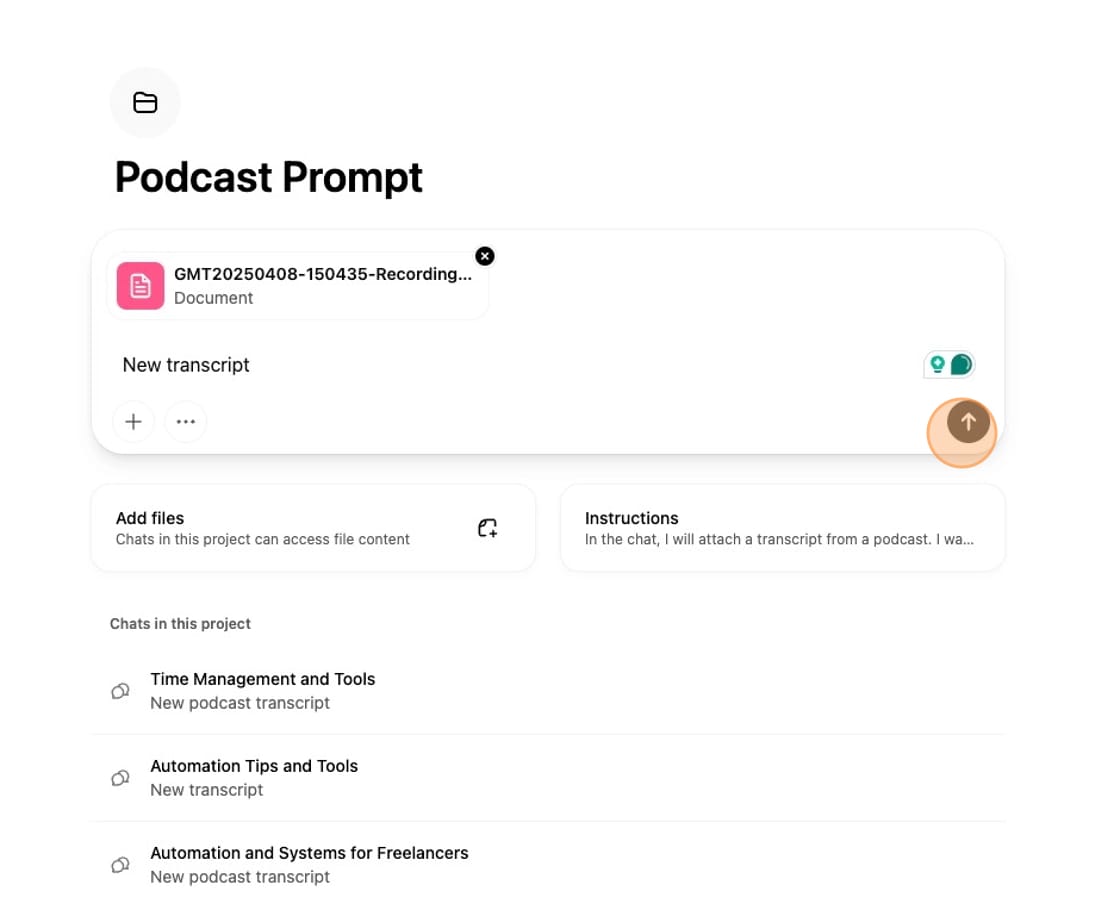 Screenshot of adding a transcript to a ChatGPT project