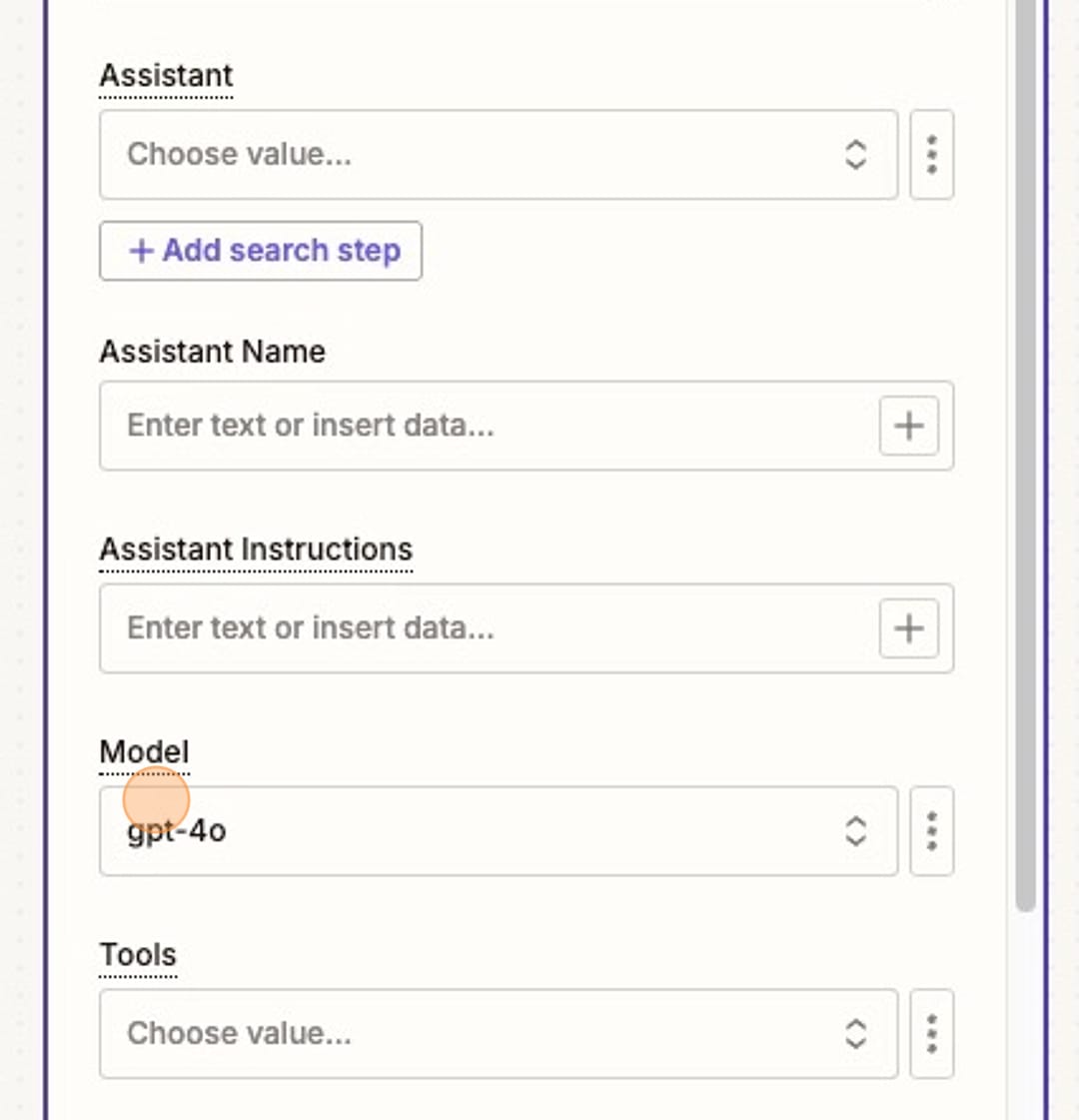 Screenshot of adding the GPT model in Zapier
