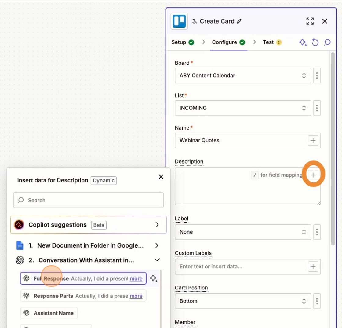 Screenshot of adding the ChatGPT output to Trello