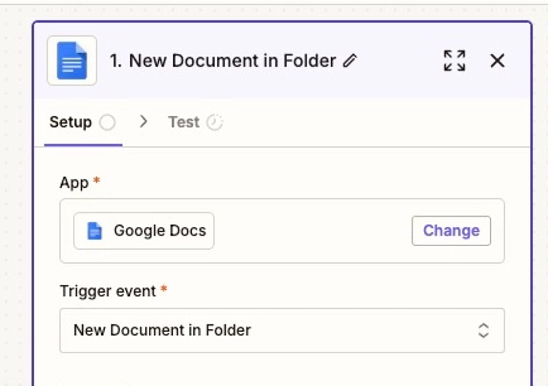 Screenshot of adding Google Docs as a trigger in Zapier