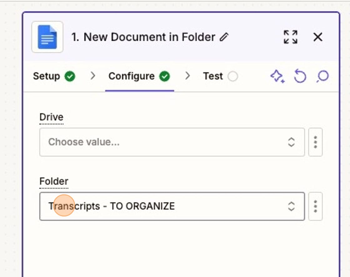 Screenshot of selecting a Google Docs folder in Zaper
