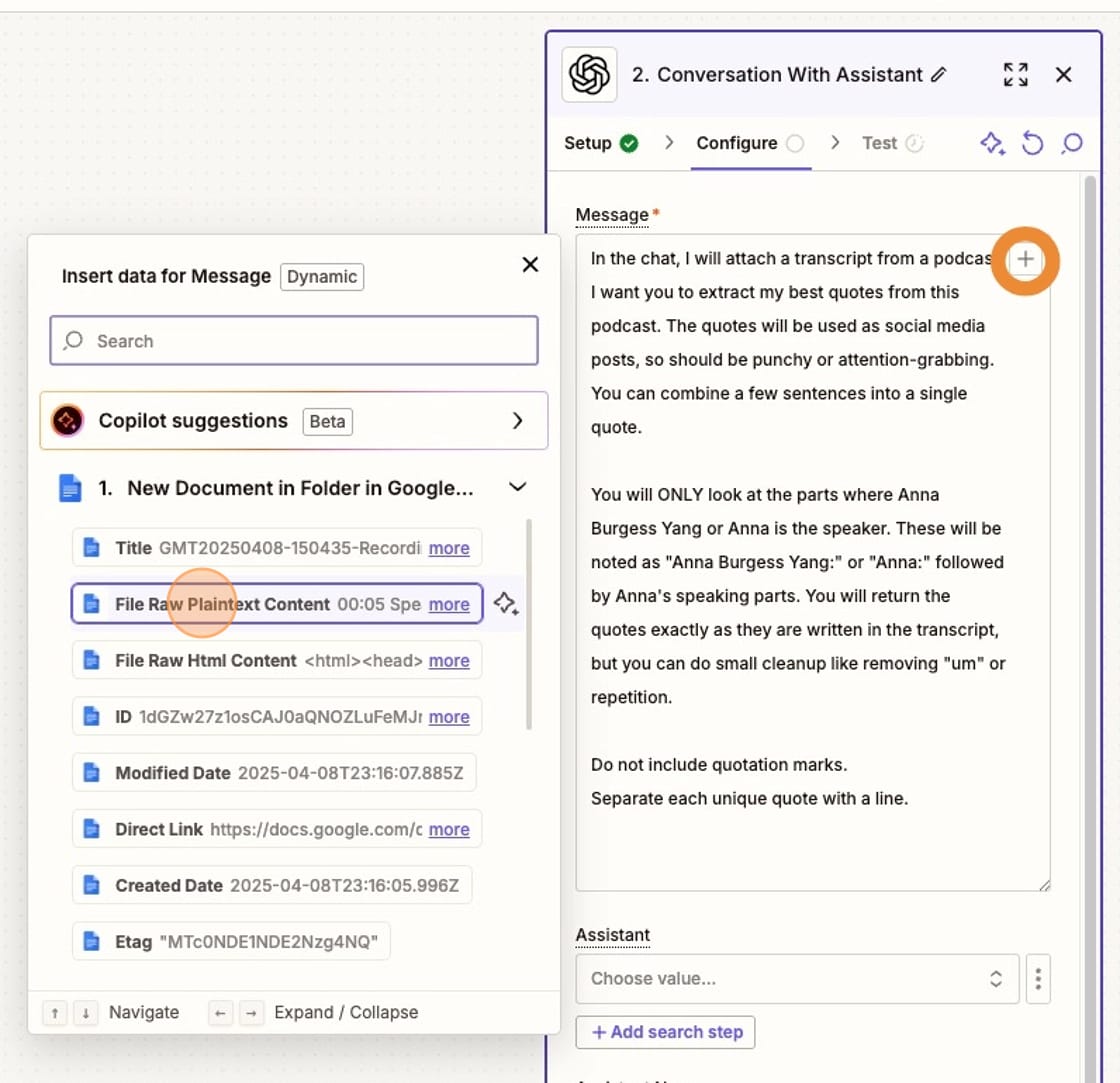 Screenshot of setting up a ChatGPT prompt in Zapier