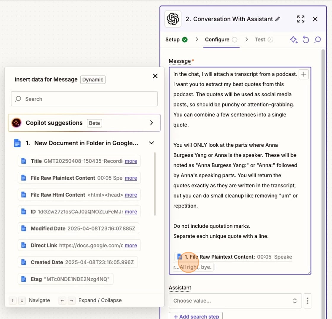 Screenshot of adding the Conversation with Assistant in Zapier