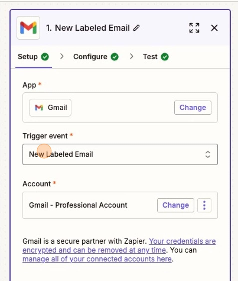 Zapier step to set up new labeled email