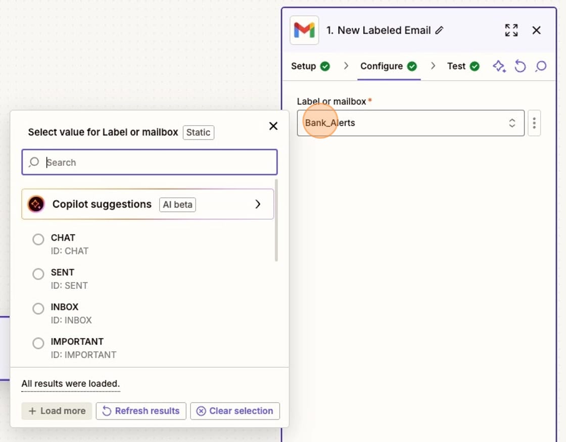 Zapier step to select the appropriate label