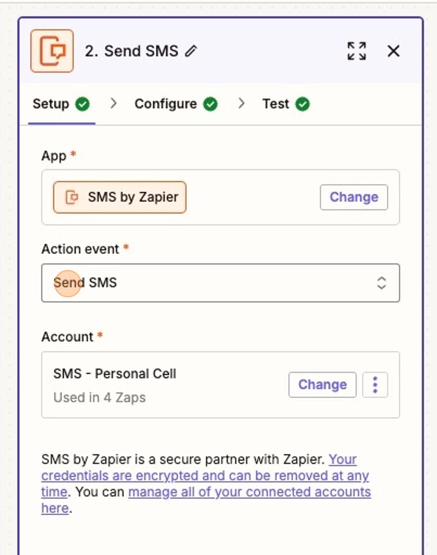 Zapier step to Send SMS
