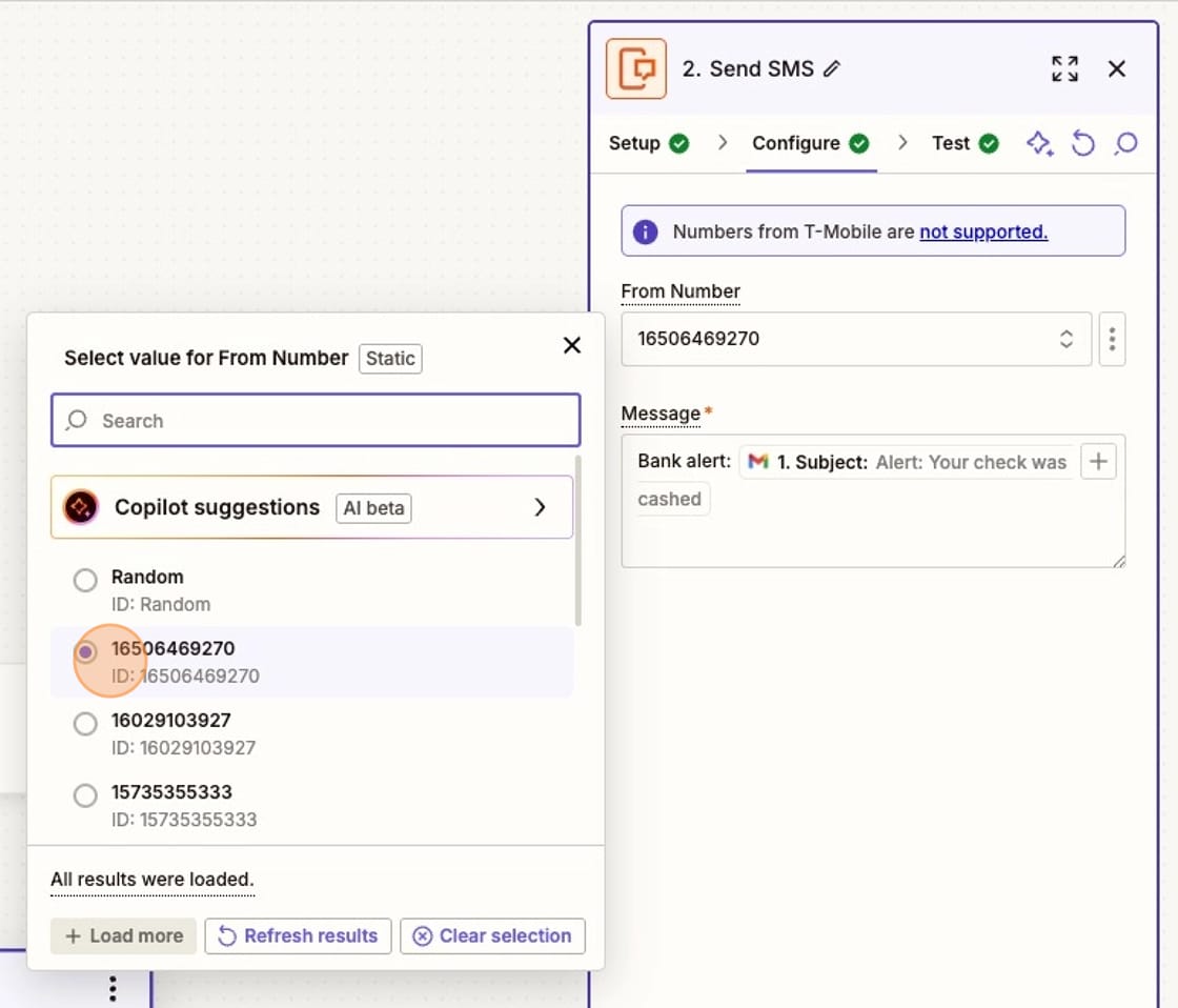 Zapier step to select a sending phone number