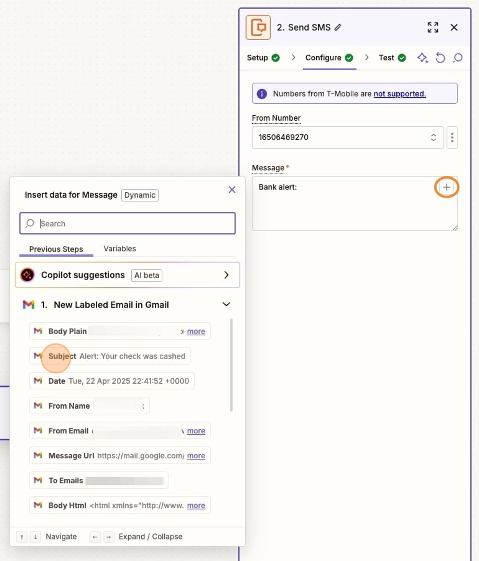 Zapier step to configure the SMS message text