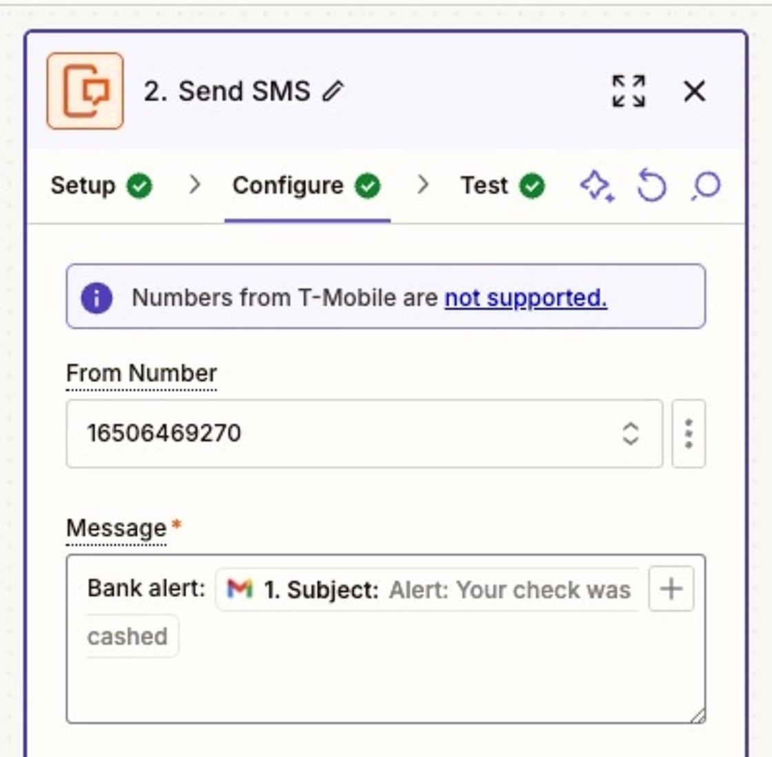 Zapier step showing the final SMS message