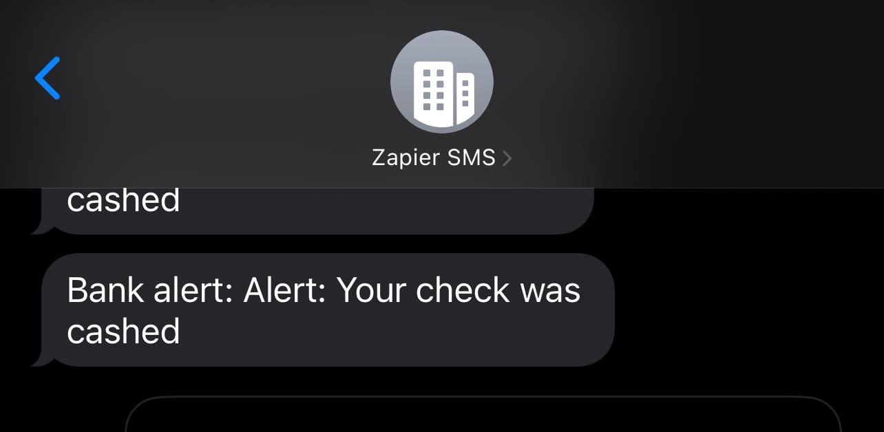Screenshot of received SMS alert