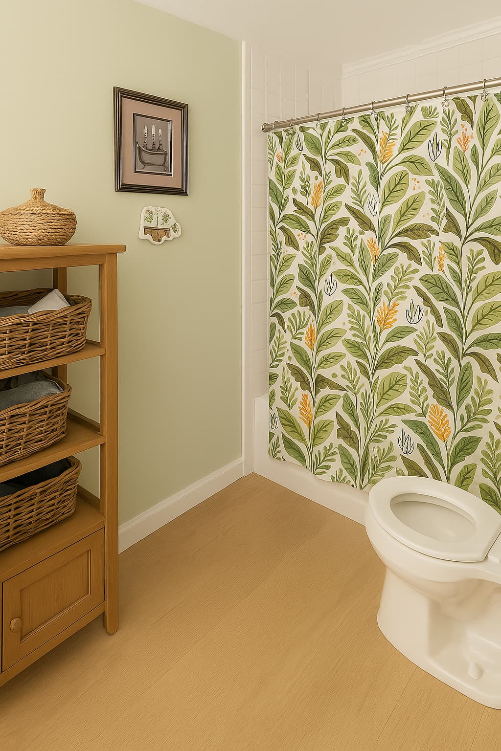 A bathroom with a green wall, hardwood floor, and shower curtain with green plants
