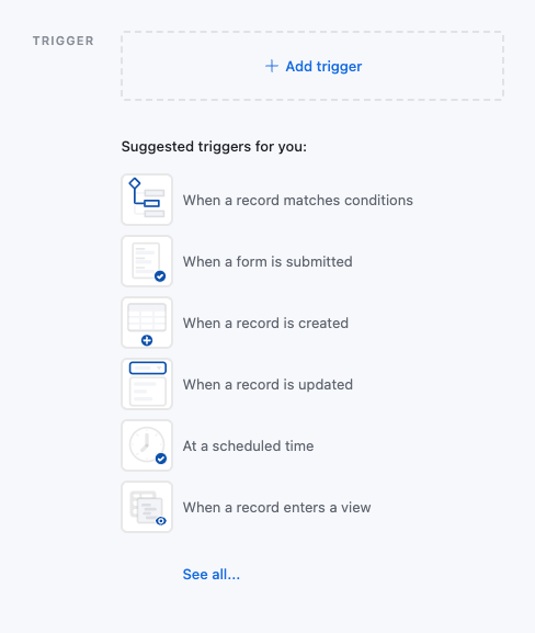 Screenshot of triggers in Airtable