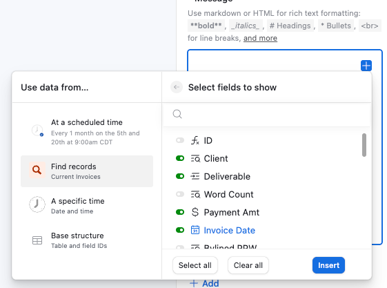 Selecting the fields to include in the grid