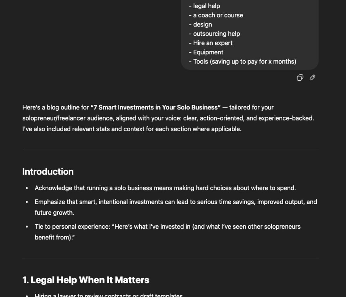 Screenshot of ChatGPT providing a more detailed outline of a blog post