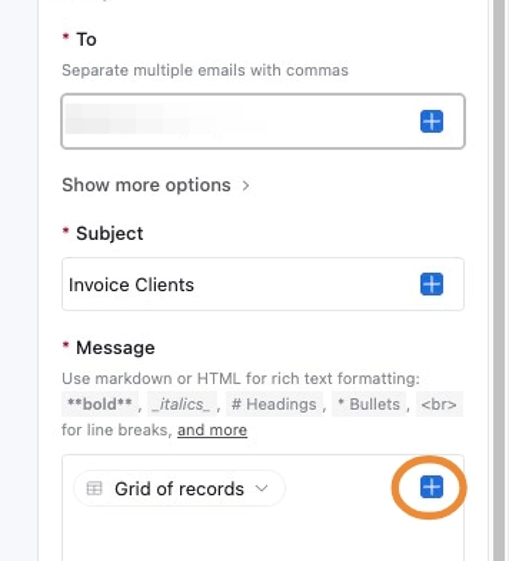 Adding a grid of records to the Send Email in Airtable